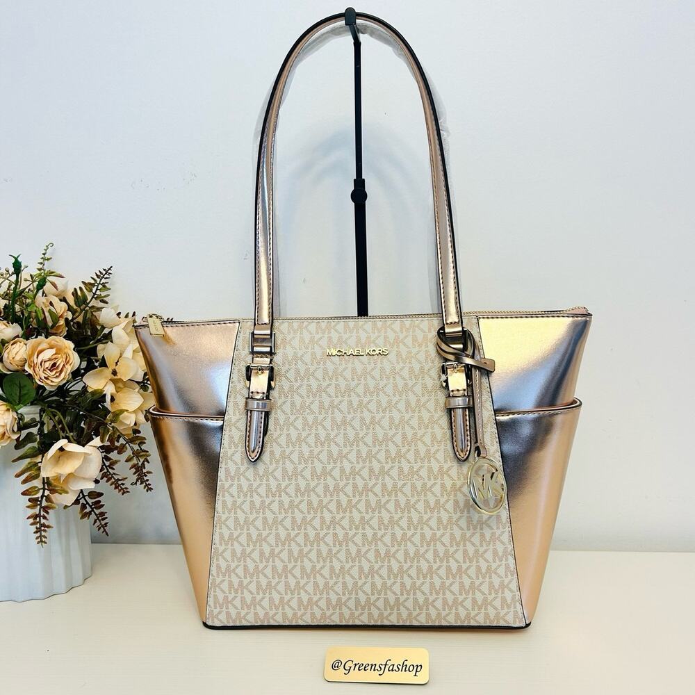 Michael Kors Charlotte Top Zip Tote shoulder bag rose gold